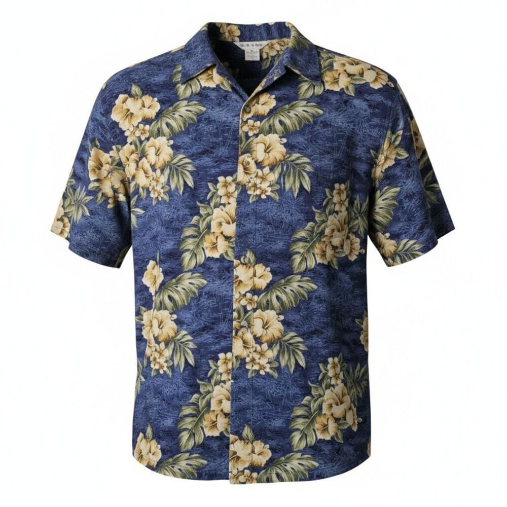 Vintage Pierre Cardin Hawaiian Shirt Large Blue Floral Rayon Aloha Retro
